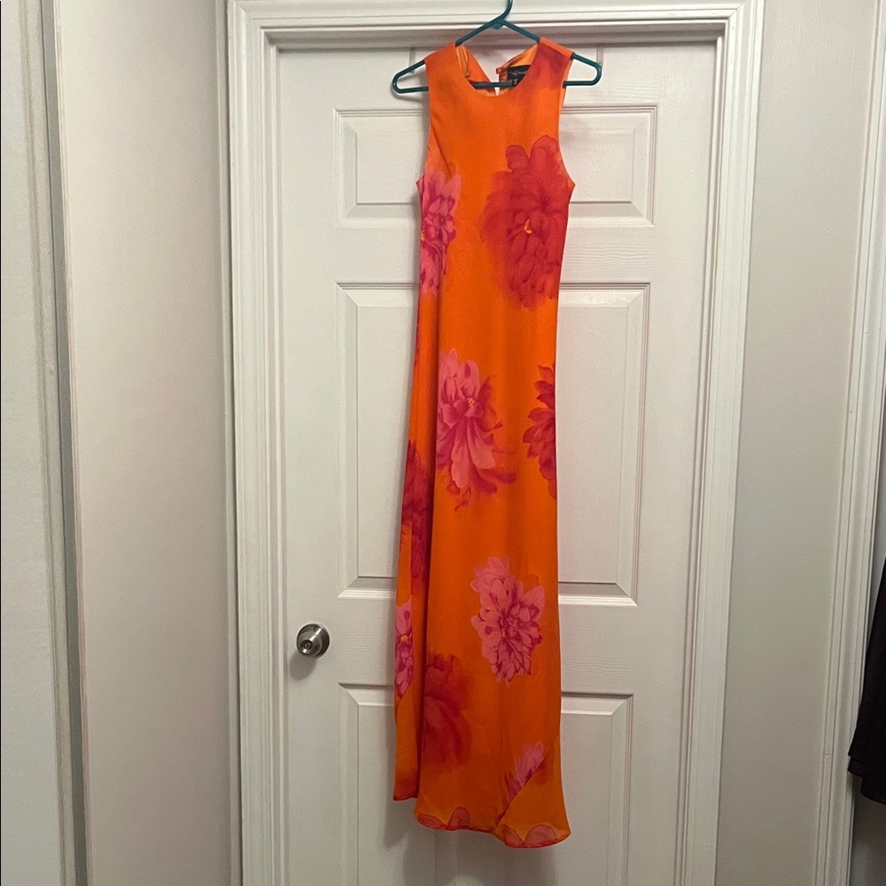 Elegant Sleeveless Orange and Pink Floral Maxi Dress